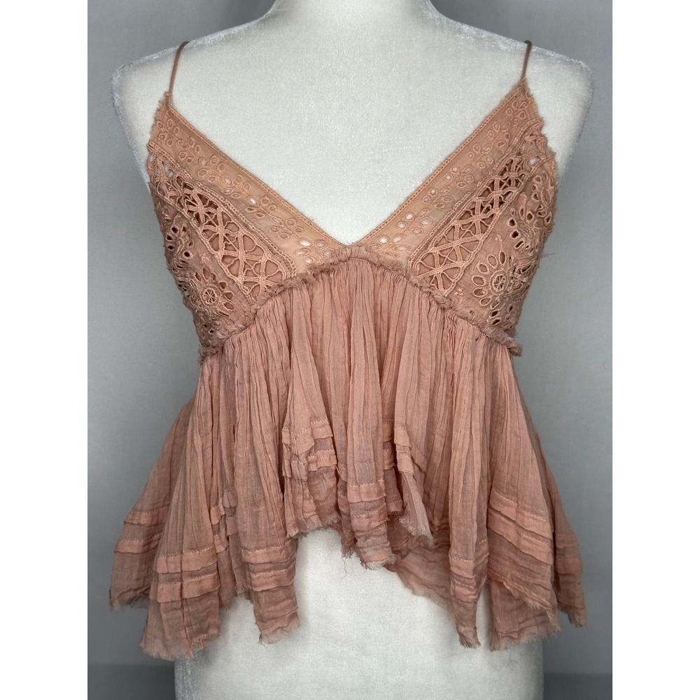 Free People FP One Eyelet Lace Tiered Gauze Camisole Top Pink/Peach Boho Small